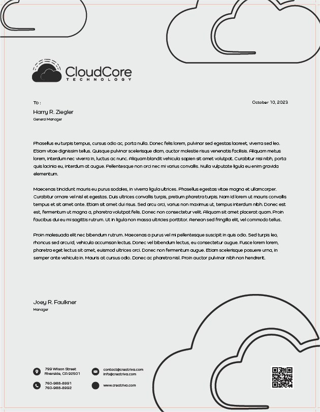 CloudCore letterhead, typographic focus layout.