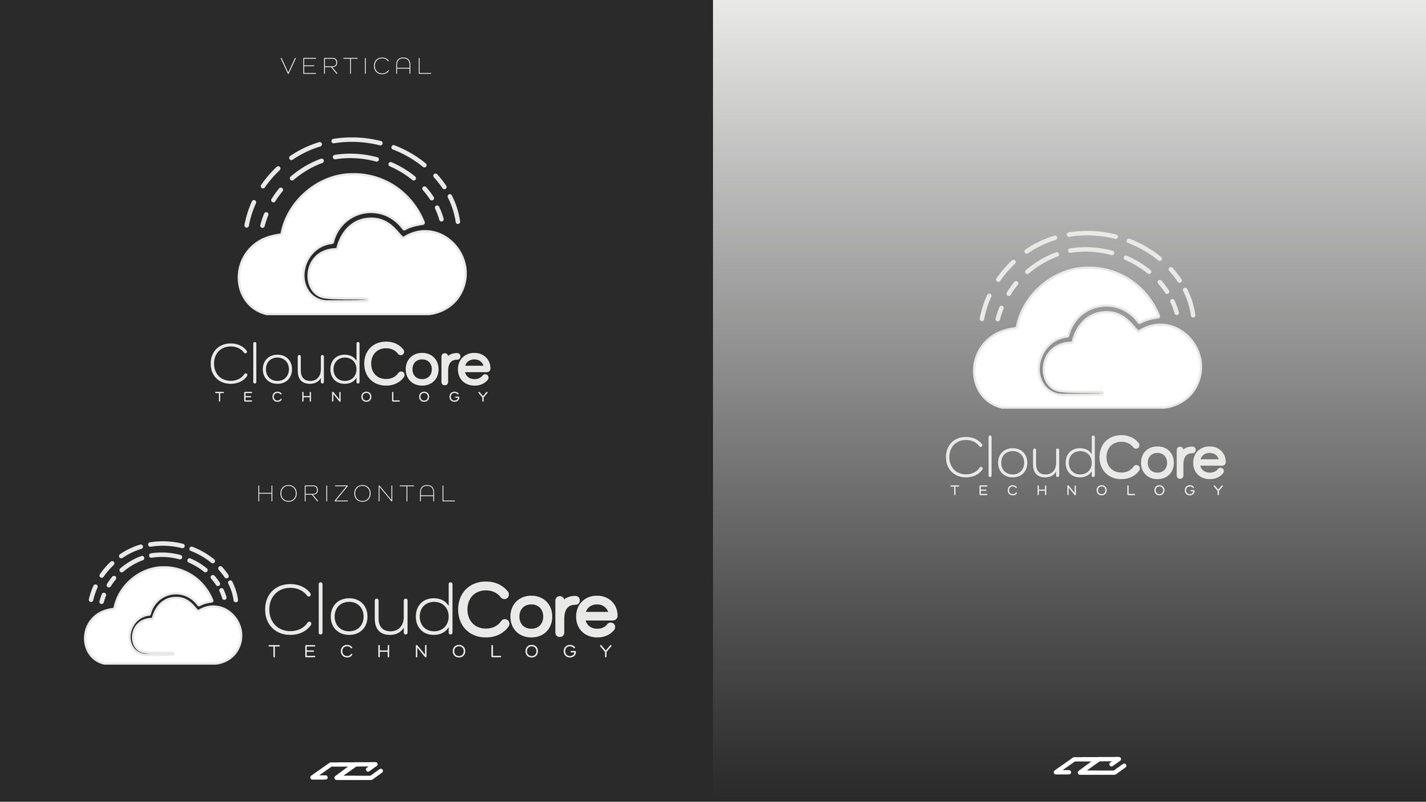 CloudCore vertical and horizontal lockups on dark and light grounds.
