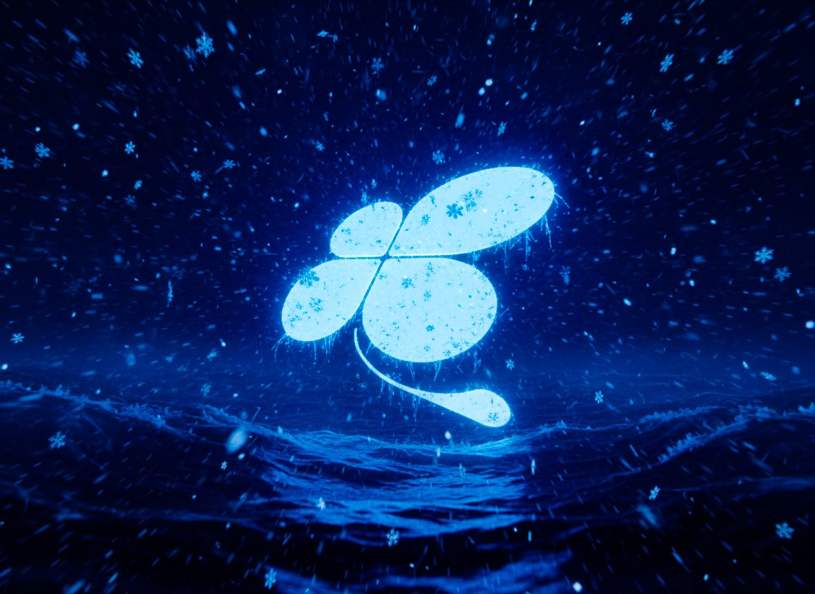 Frostbite. Lucky Lab single cover with glowing clover mark in snowfall.