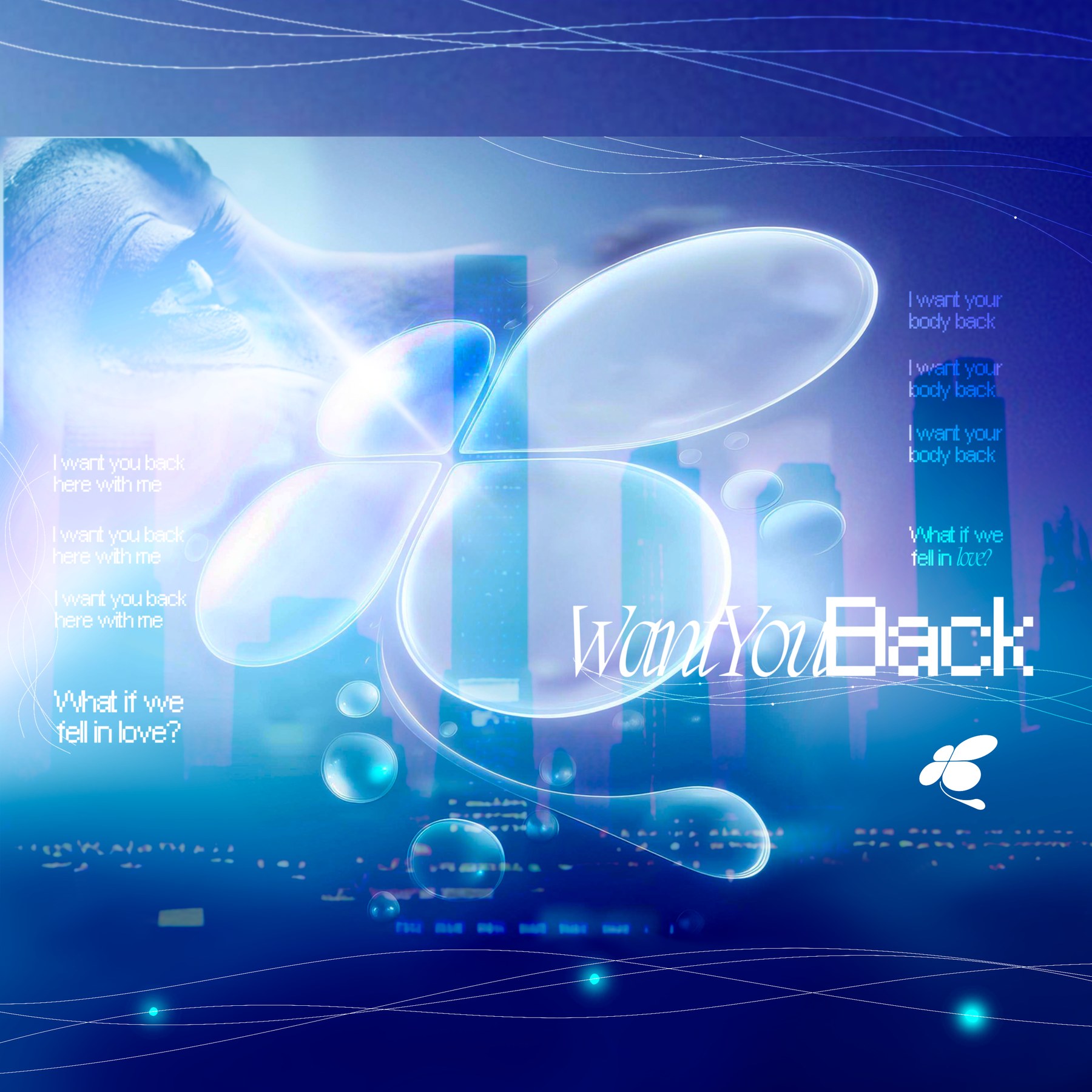 Want You Back. Lucky Lab single cover with bubble-refracted clover over cityscape.