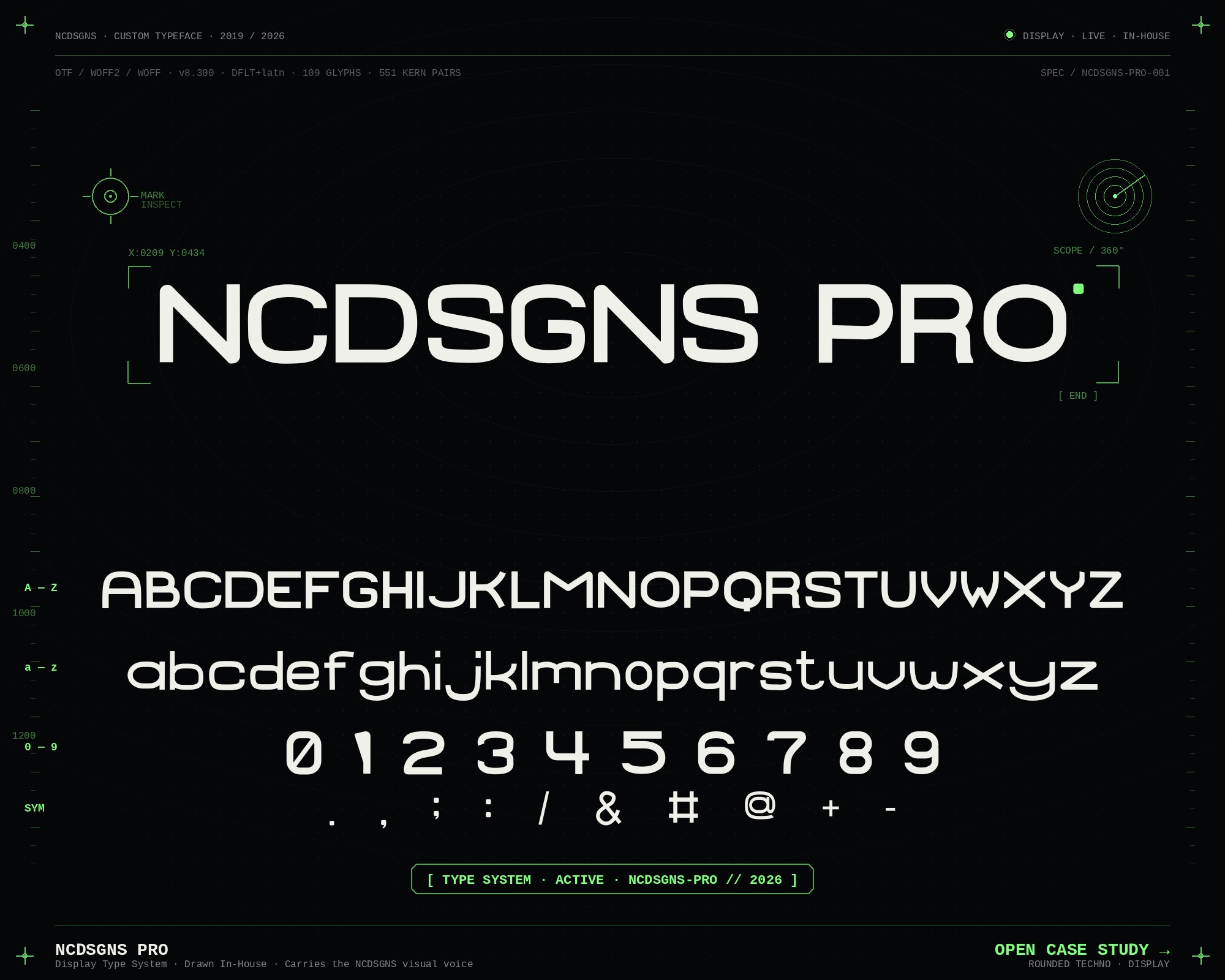 NCDSGNS Pro case study cover featuring the wordmark, full alphabet specimen, numerals and symbols on a dark futuristic HUD layout.